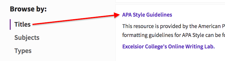 Databases Browse By menu with Titles selected and a red arrow pointing right towards APA Style Guidelines