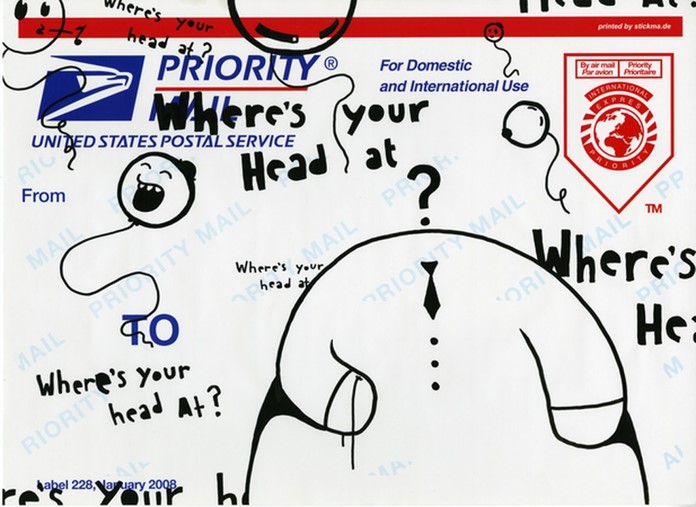 drawings of questions over top of a USPS priority mail envelope