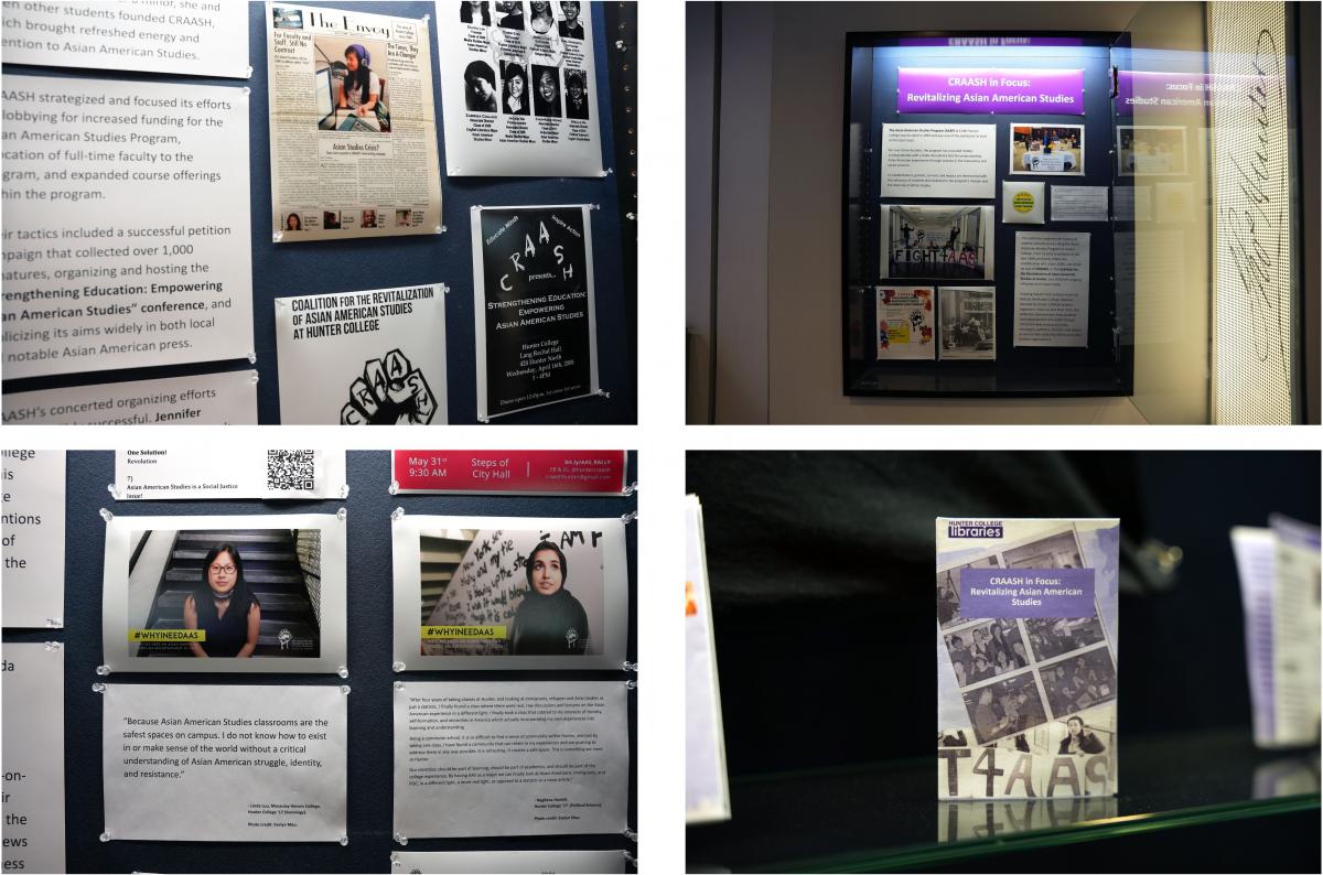 Clockwise from upper left: details of an exhibit panel featuring student photos and reproduced flyers and newspaper, introduction to the exhibition, zine made for the exhibition, and details of student testimonials from a display panel.