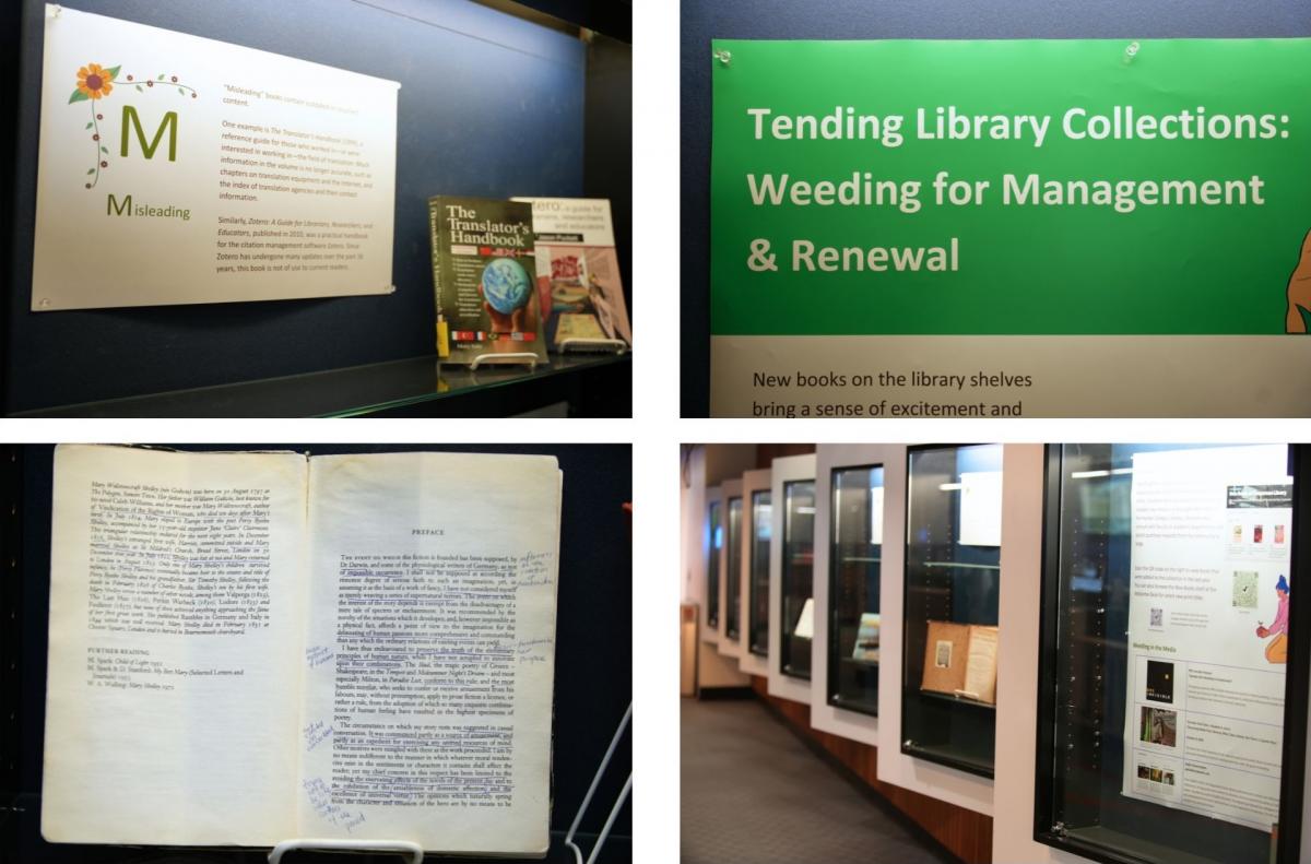 Clockwise from upper left: detail from a shelf about misleading books, exhibition title, final panel of the exhibition, a note-filled page from a weeded copy of Frankenstein.