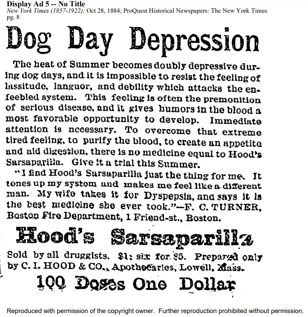 Image of an advertisement for Hood's Sarsaparilla from an 1884 issue of the New York Times