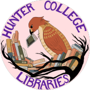Hunter College Libraries Winning Sticker Design 2025 Sticker design of hawk in nest of books that reads "Hunter College Libraries"